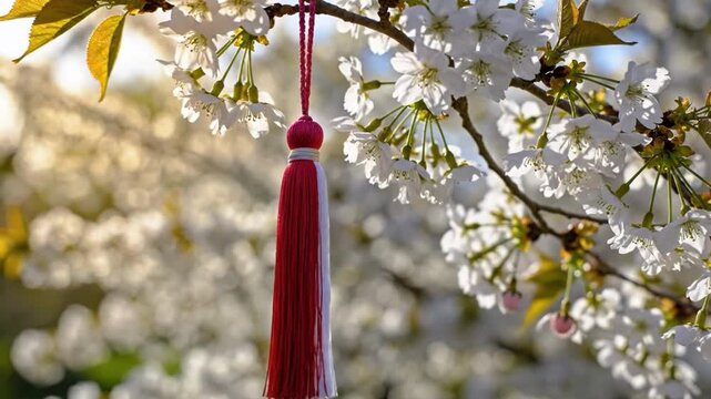 Red and white tassel hanging from a blossoming tree branch