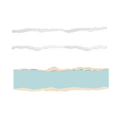 Naklejka premium Collection of Two Horizontal Ripped Paper Strips in White and Light Blue Colors Isolated on a Solid Black Background for Layout Design