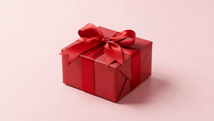 Obraz premium Red gift box with ribbon and bow on soft pink background