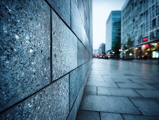 A blurred urban street scene showcases a textured wall in the foreground and a distant cityscape.