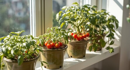 Fototapeta premium Cultivating cherry tomato plants indoors on a white balcony windowsill in summer light