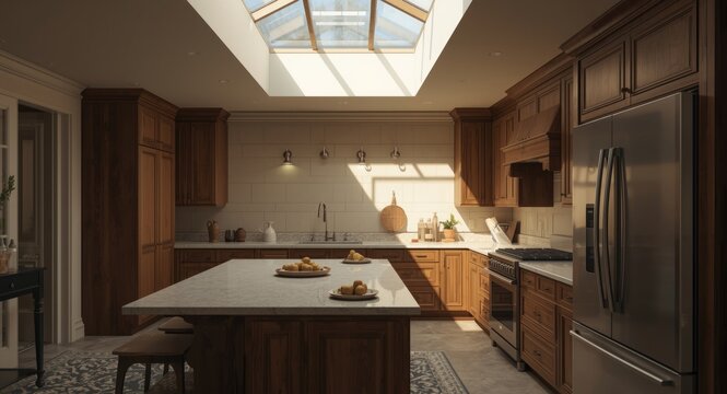 classic design kitchen illuminated by skylight natural lighting