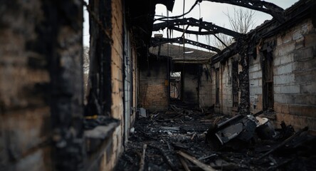 Close perspective on a fire damaged house with a refined toned look