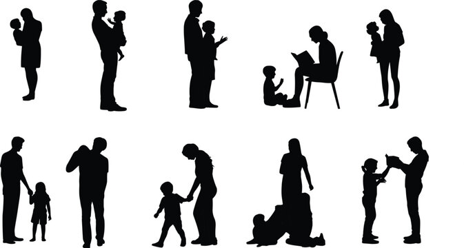 Black silhouette set of diverse parents and children bonding, walking, reading, and playing together isolated on white background for family care concept designs