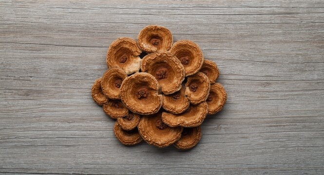 Brown fungi cluster laid out on weathered wood surface