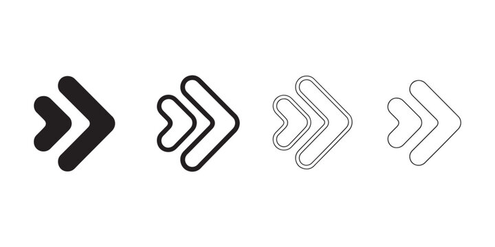 Vector set of rounded double chevron arrow icons, collection of forward direction pointers and next button symbols for web and mobile app UI design.