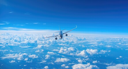 Fototapeta premium Jet airplane flying high with ample sky space for text