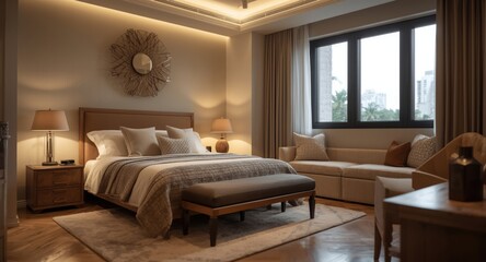 Fototapeta premium Everyday condo living room styled with a cozy oak single bed and ambient lamp lighting for luxury feel