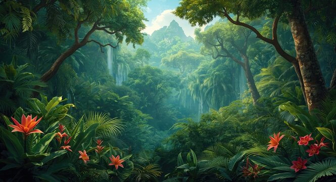 Game interface jungle background with vibrant tropical forest and layered parallax effect