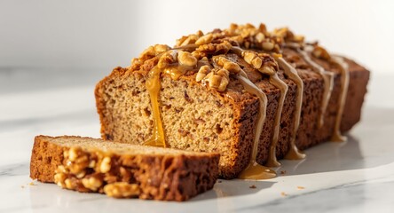 Detailed close angle of gluten-free banana bread cut with walnuts and honey over white marble