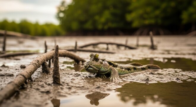 Mudskipper resting on muddy tidal flats, showing protruding eyes and strong fins. An amphibious fish adapted to life both in water and on land.