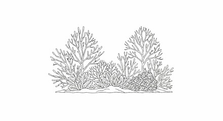 A stark line drawing depicts a cluster of varied bushes and trees