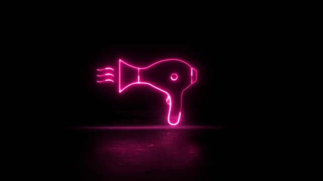 Neon glowing color hair dryer icon video animation on black background. Neon Hair dryer sign animation. Drying and styling hair icon video. Blow drying sign animation on background.