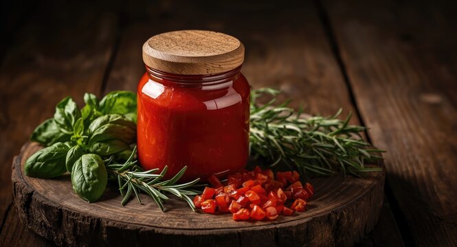 Bright tomato paste in glass jar with fresh garden herbs on wooden platform