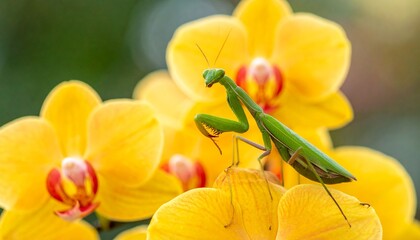 Praying Mantis on Yellow Orchid in a Serene Garden View