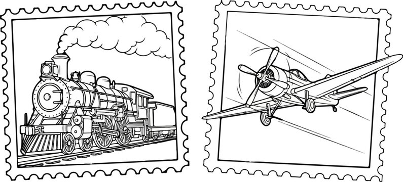 Black and white line art of a steam train and an airplane within postage stamp borders