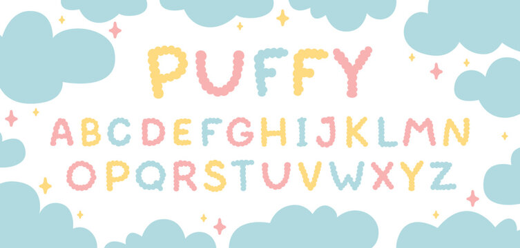 Puffy bubble font alphabet vector set. Cute marshmallow cloud letters in pastel colors for childish nursery design, baby shower, scrapbook, kids party invitations, stationery, doodle style.