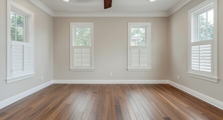 Obraz premium Inviting space with textured wood floors and white shutters framing side windows