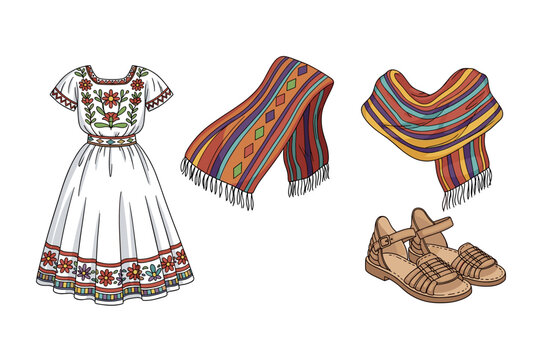 Traditional Mexican clothing items including an embroidered dress, striped rebozo, colorful shawl, and huarache sandals are displayed in a vibrant illustration.
