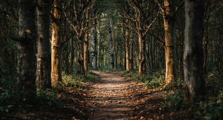 Obraz premium fantasy woodland scene with a path through mirrored tree trunks