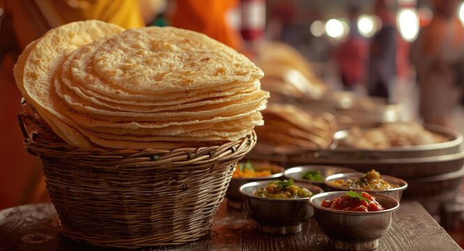 Authentic Indian chapati flatbreads offered in a bucket for langar gathering