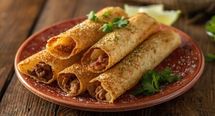 Fried rolled corn tortillas offering a blend of beef and tender potato layers
