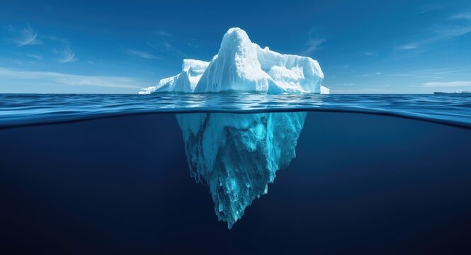 Clear blue water ocean showing iceberg above and hidden danger underwater with copyspace space