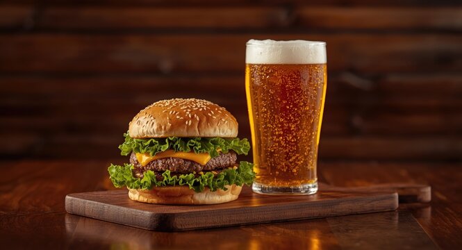 Flavorful cheeseburger and fresh beer pint elegantly placed on wood