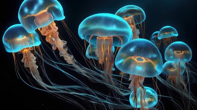 Glowing blue jellyfish swarm drifting in dark ocean with trailing tentacles and bioluminescent glow