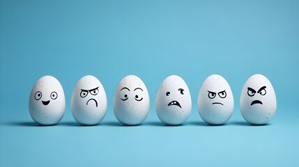 Five white eggs with drawn angry faces on a blue background, creative and playful concept. Concept: Bad character design, creativity, humor, emotion expression, conceptual art, minimal studio composit