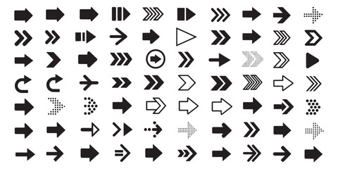 Vector super set of black right arrow icons, collection of diverse navigation pointers and next button symbols for web and mobile app UI design. © NexThread