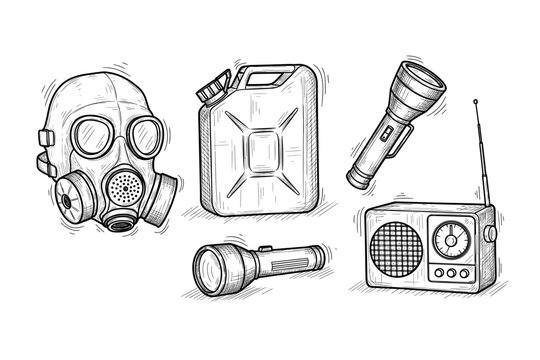 Survival gear essentials including a gas mask, jerrycan, flashlights, and a radio are depicted in a detailed hand-drawn sketch style.