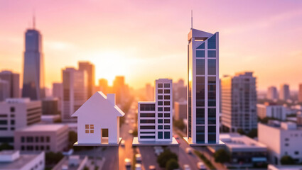 Concept of urban living with a small house and high rise buildings under sunrise in a city landscape
