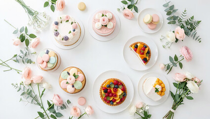 Colorful selection of cakes and pastries arranged on a table with flowers and greenery for dessert display