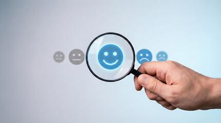 Customer satisfaction concept with magnifying glass focusing on happy emoji showing positive feedback service evaluation user experience rating trust and quality assurance