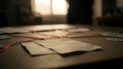 Art piece showing a tabletop with notes and red string in a dimly lit room during the day