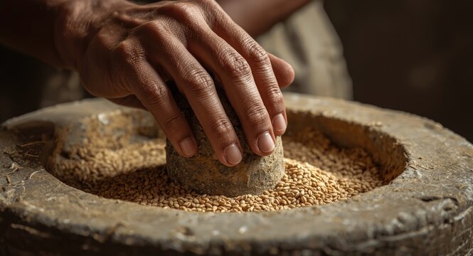 Close view of metate stone grinding grain with hand