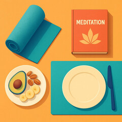 Healthy meal preparation on a yoga mat with a meditation book placed nearby
