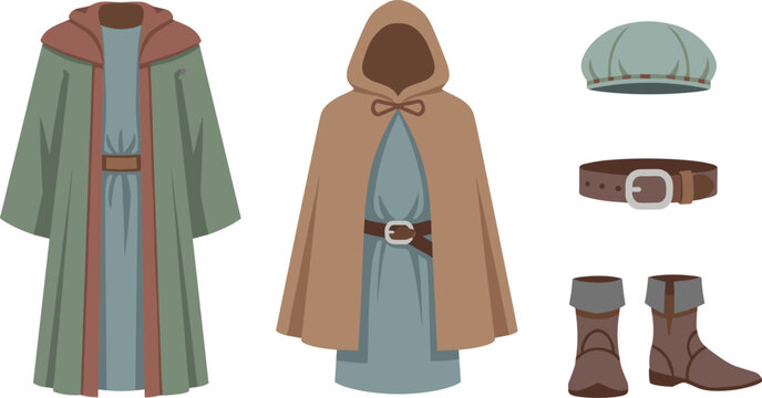 Fantasy medieval clothing accessories collection featuring a hooded cloak, long robe, cap, belt, and boots for historical or role-playing game themes.