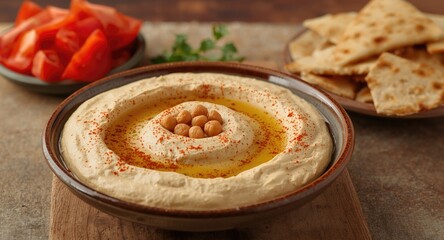 Lebanese style creamy hummus served with soft pita and fresh tomatoes