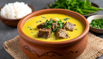 Traditional Indonesian Yellow Beef Soup Empal Gentong in Clay Bowl