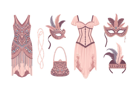 Elegant vintage fashion accessories and clothing collection featuring a flapper dress, corset, masks, and pearl necklace for themed parties and events.