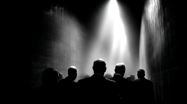 Group of people walking together in a narrow corridor illuminated by a bright light source, silhouettes visible against the contrasting dark background