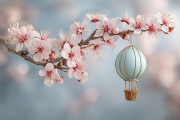 Delicate blossoms and a miniature air balloon adorn a branch against a soft bokeh background
