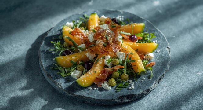 Fresh Mediterranean salad with melon bacon white cheese olives and arugula on blue stone slab