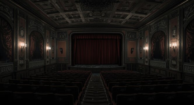 Eerie derelict theater scene with ample copy space for text