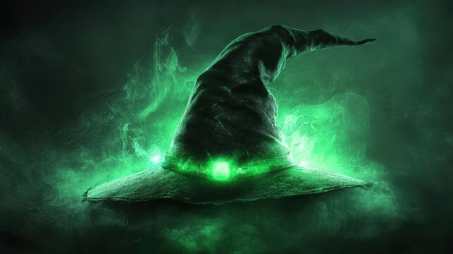 Mystical Witch Hat: A captivating view of a classic witch hat, the image evokes a sense of intrigue, with a mystical green glow around it and smoke.