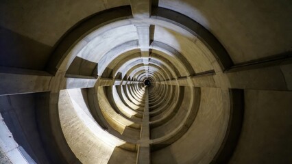 Fototapeta premium Symmetrical tunnel interior with concrete spiral design.