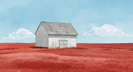 Illustration in watercolor showing a white farmhouse barn standing alone in a red field