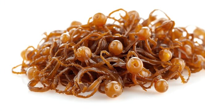 Close up of brown bladder wrack seaweed isolated on white background